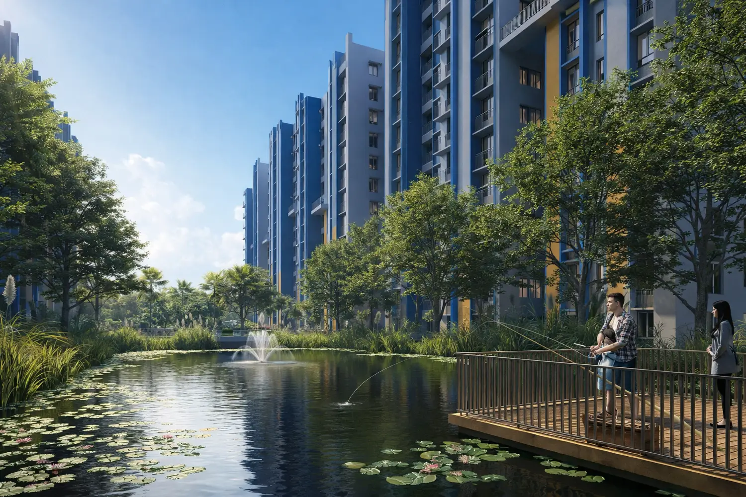Scenic waterbody view at the Good Earth residential project featuring a landscaped lake with fountain, tree-lined walkways, a wooden deck, and modern apartment towers in the background.