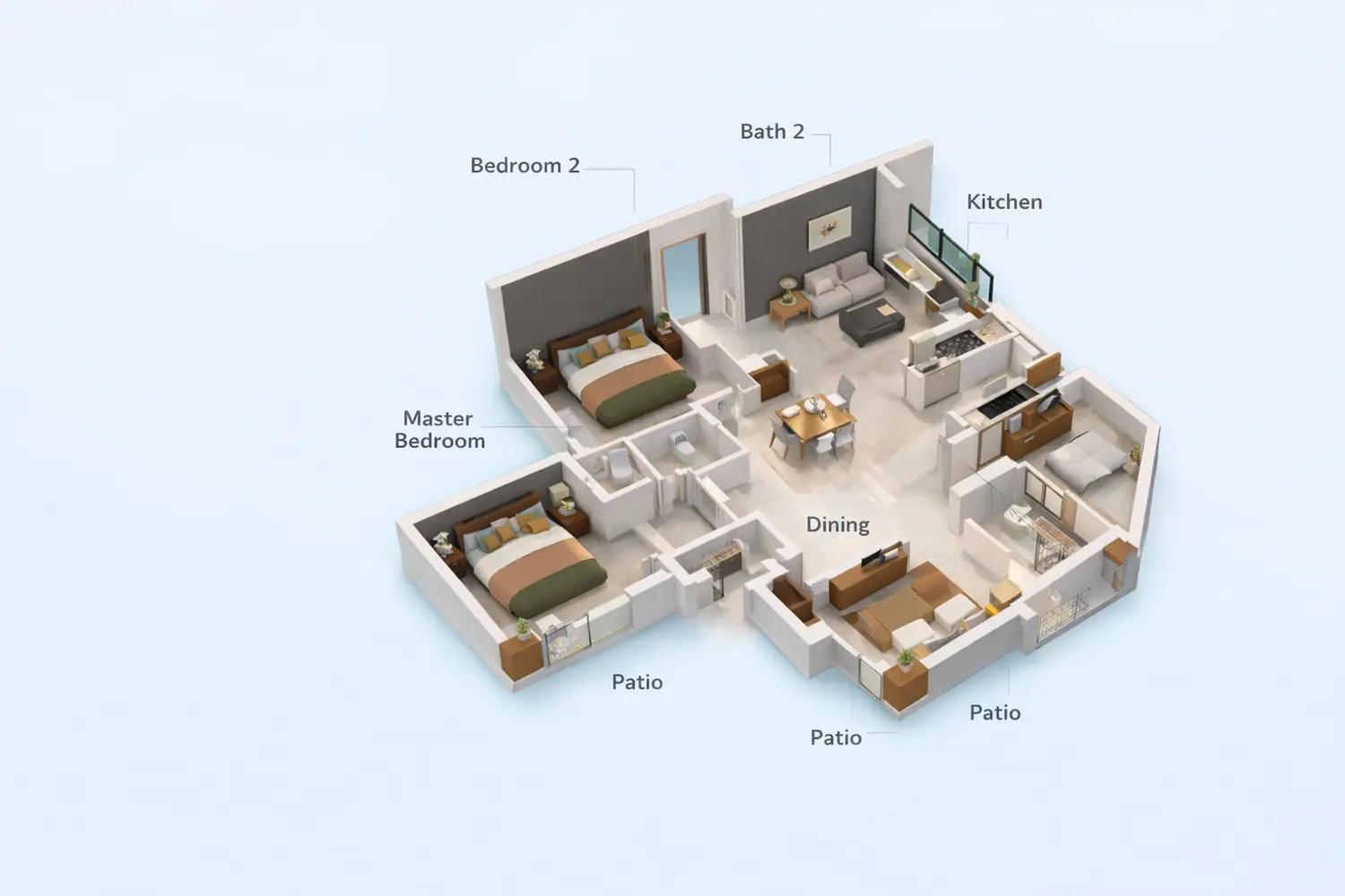Ventoso floor plan showing bedrooms, bath, utility, dining area etc.