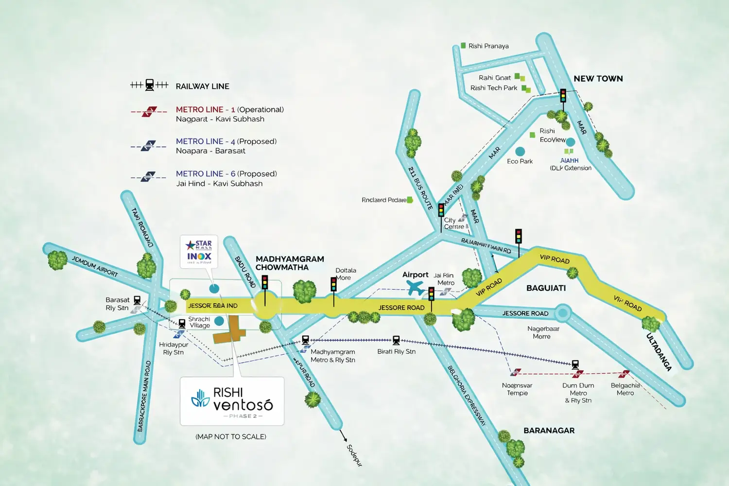 Location map of Ventoso Phase 2 showing connectivity via Jessore Road, VIP Road, Rajarhat Main Road, and nearby areas like Madhyamgram, Baguiati, New Town, and Baranagar, with key landmarks including airport access, railway stations, and proposed metro lines