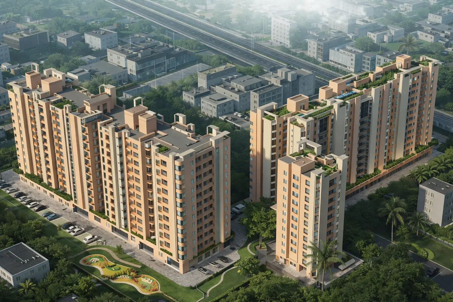 Front view of Ventoso featuring modern high-rise residential towers, landscaped greenery, and driveway with vehicles.