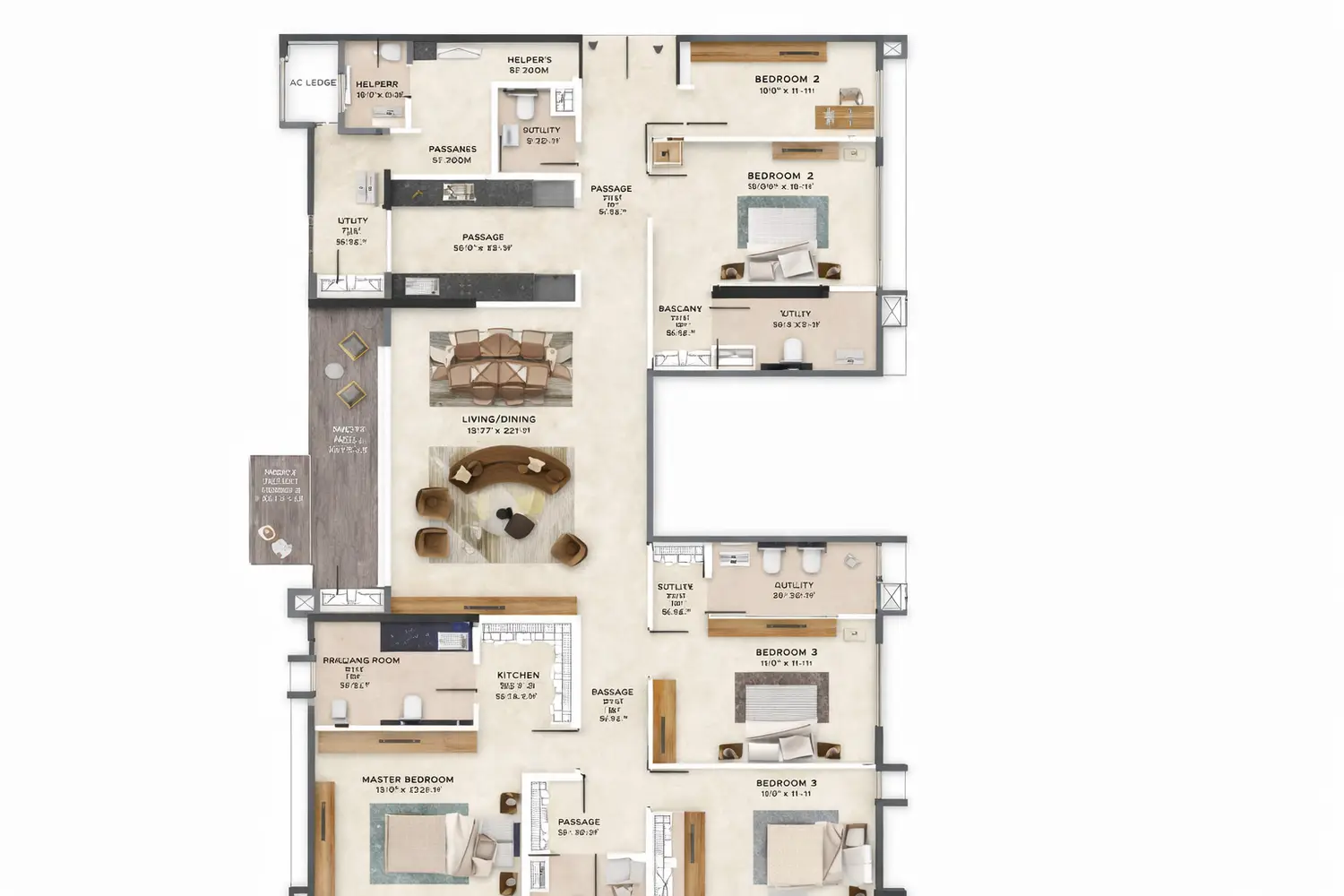 A detailed 4.5 BHK floor plan of Primarc Aahana showing a spacious layout with four bedrooms and a study room, attached bathrooms, a large living and dining area, kitchen with utility space, helper’s room, multiple passages, and well-defined circulation areas designed for comfortable modern living.