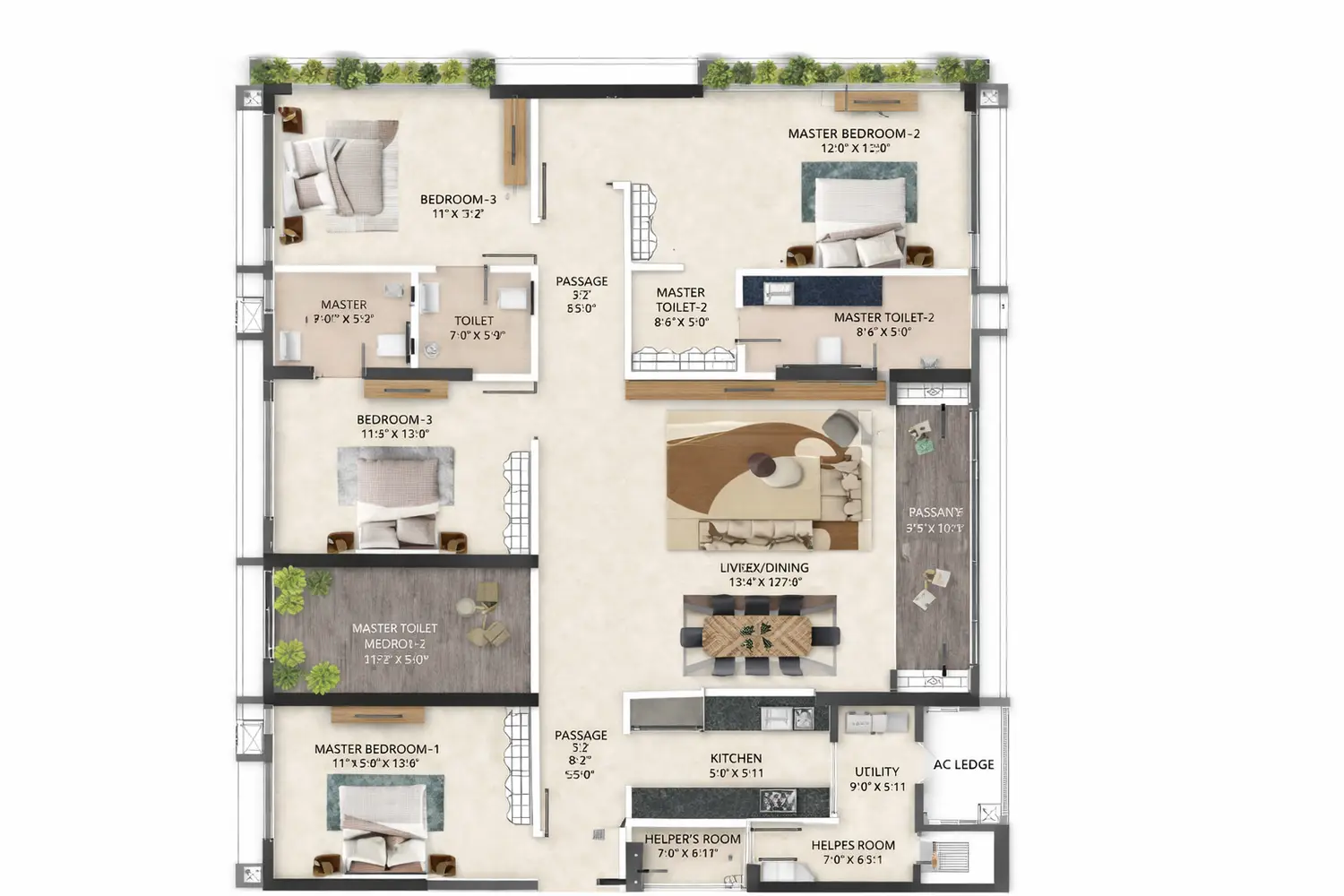 A detailed 4 BHK floor plan of Primarc Aahana showing a spacious layout with three bedrooms and a master bedroom, attached bathrooms, a large living and dining area, kitchen with utility space, helper’s room, multiple passages, and well-defined circulation areas designed for comfortable modern living.