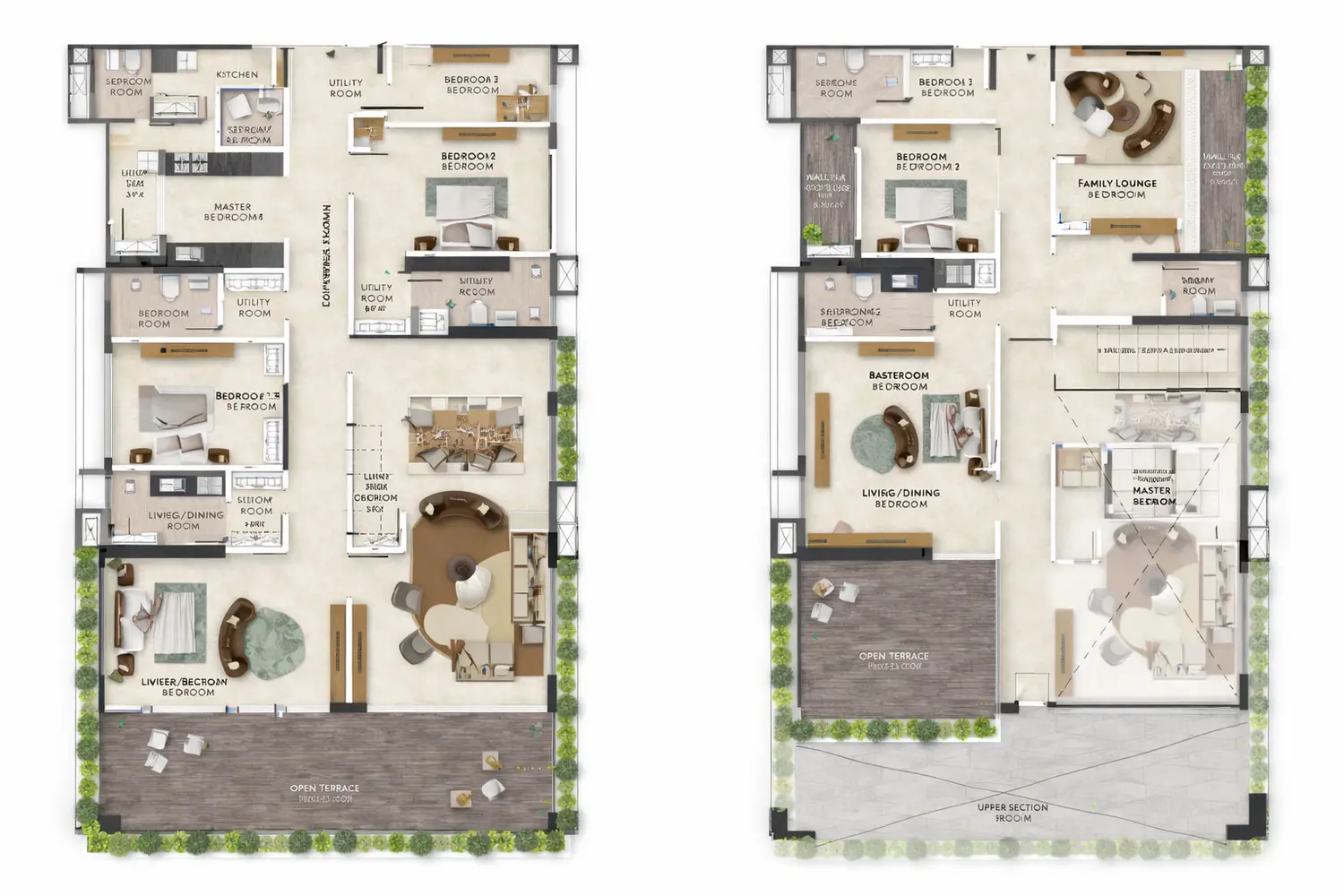 A detailed 5 BHK duplex floor floor plan of Primarc Aahana showing a spacious layout with two bedrooms in bottom floor and three rooms in upper floor, attached bathrooms, a large living and dining area, kitchen with utility space, helper’s room, multiple passages, and well-defined circulation areas designed for comfortable modern living.