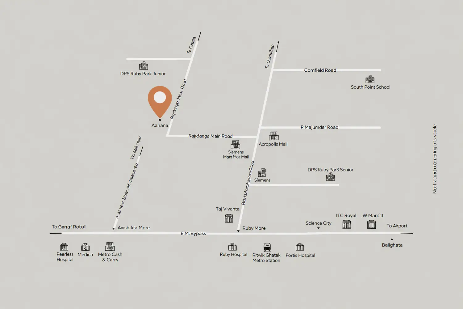 Alt text: A location map for Primarc Aahana highlighting its position near Rajdanga Main Road and EM Bypass, with a central marker indicating the project site. The map shows nearby landmarks such as Ruby More, Acropolis Mall, DPS Ruby Park, Ruby Hospital, Science City, and major connecting roads for easy accessibility.