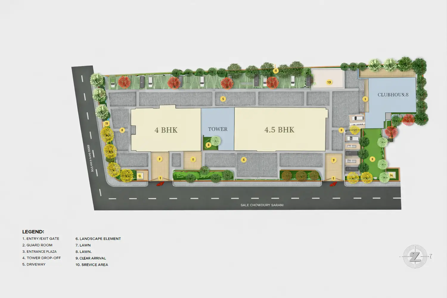 Alt text: A detailed master plan layout of Primarc Aahana illustrating the site design with a central residential tower featuring 4 BHK and 4.5 BHK units. The plan highlights key elements such as entry and exit gates, driveway, landscaped green areas, lawns, entrance plaza, tower drop-off zone, service areas, and a separate clubhouse, all arranged along Sale Chowdhury Sarani.