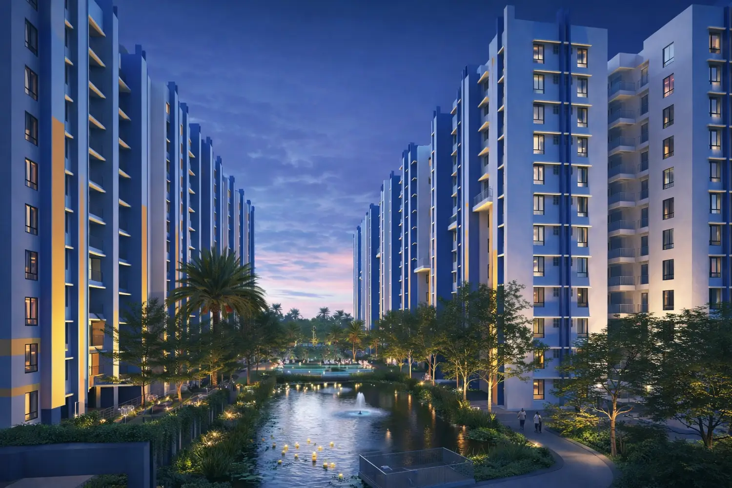 Scenic waterbody view at the Good Earth residential project featuring a landscaped lake with fountain, tree-lined walkways, a wooden deck, and modern apartment towers in the background.