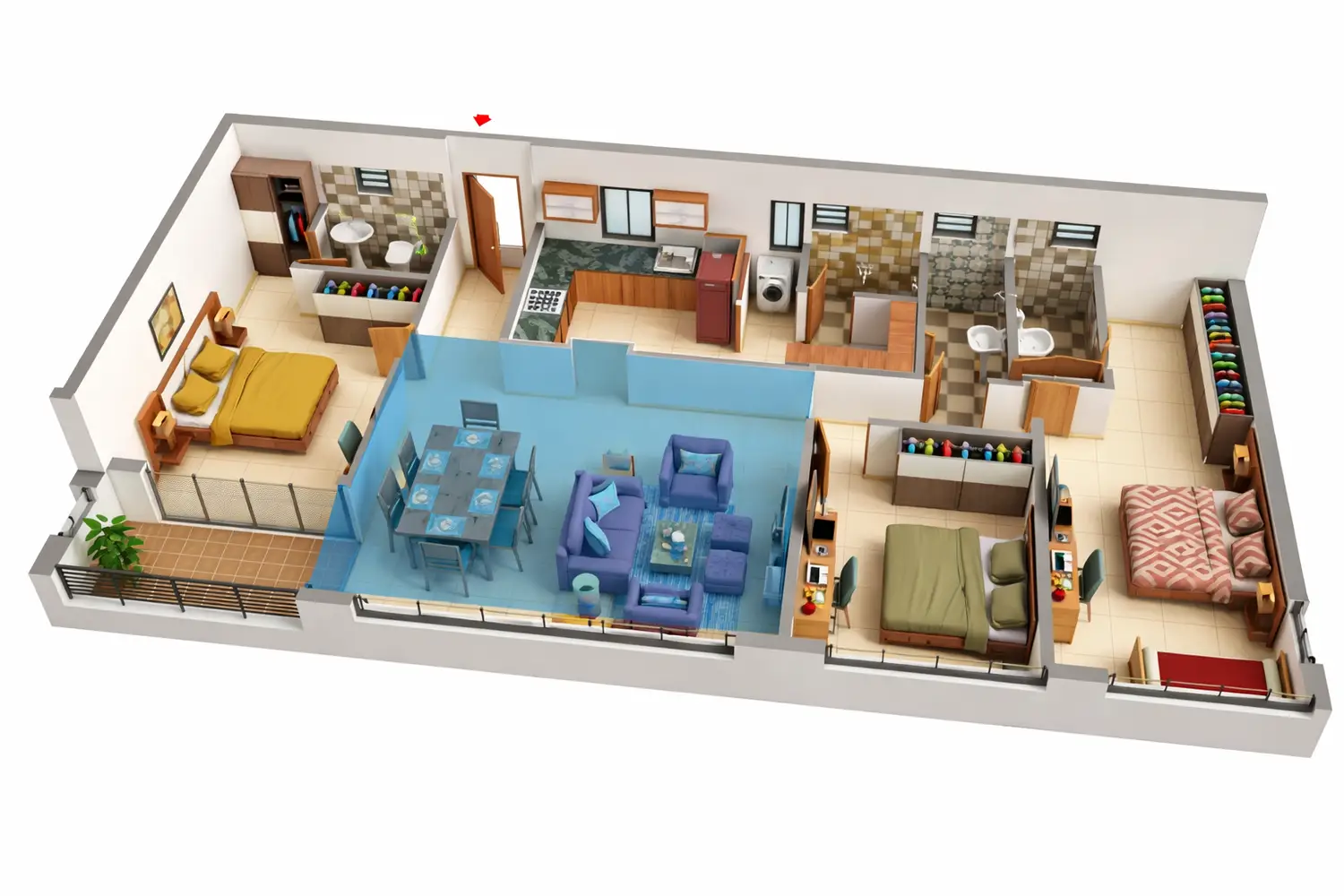 3BHK apartment layout of Urbana project featuring a spacious living and dining area, modular kitchen, three bedrooms, multiple bathrooms, and a balcony, designed with modern interiors and functional space planning.