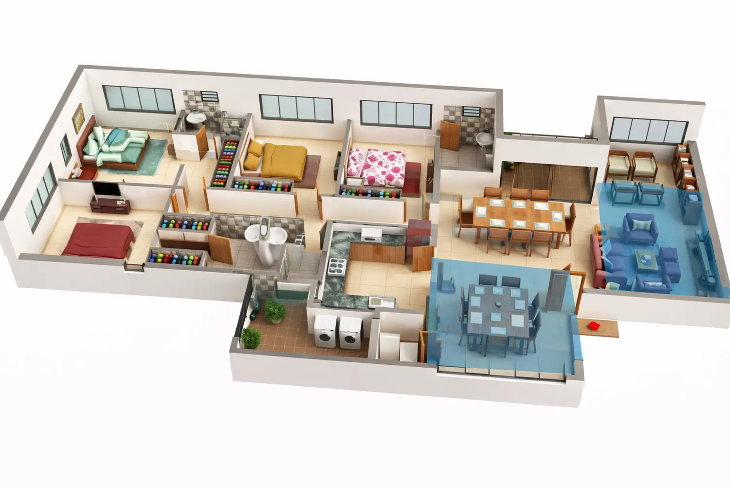 4BHK apartment floor plan of Urbana project featuring four bedrooms, a large living area, dining space, modern kitchen, multiple bathrooms, utility area, and balconies, designed for spacious and comfortable family living.