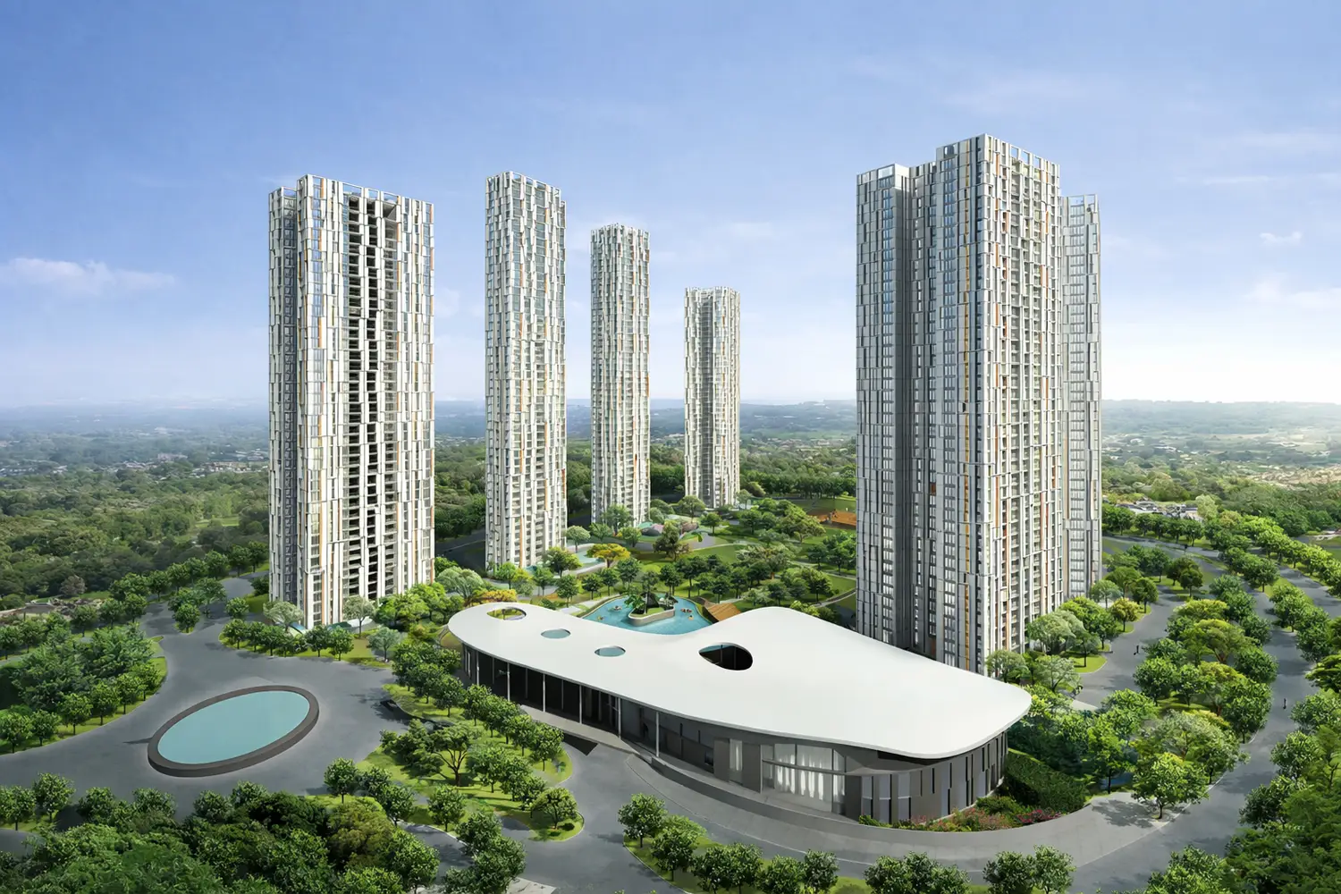 Aerial view of Urbana in Kolkata, featuring multiple modern high-rise towers arranged around landscaped gardens, with tree-lined pathways, water features, a clubhouse structure, and recreational spaces including a sports court, showcasing a well-planned, green urban community.