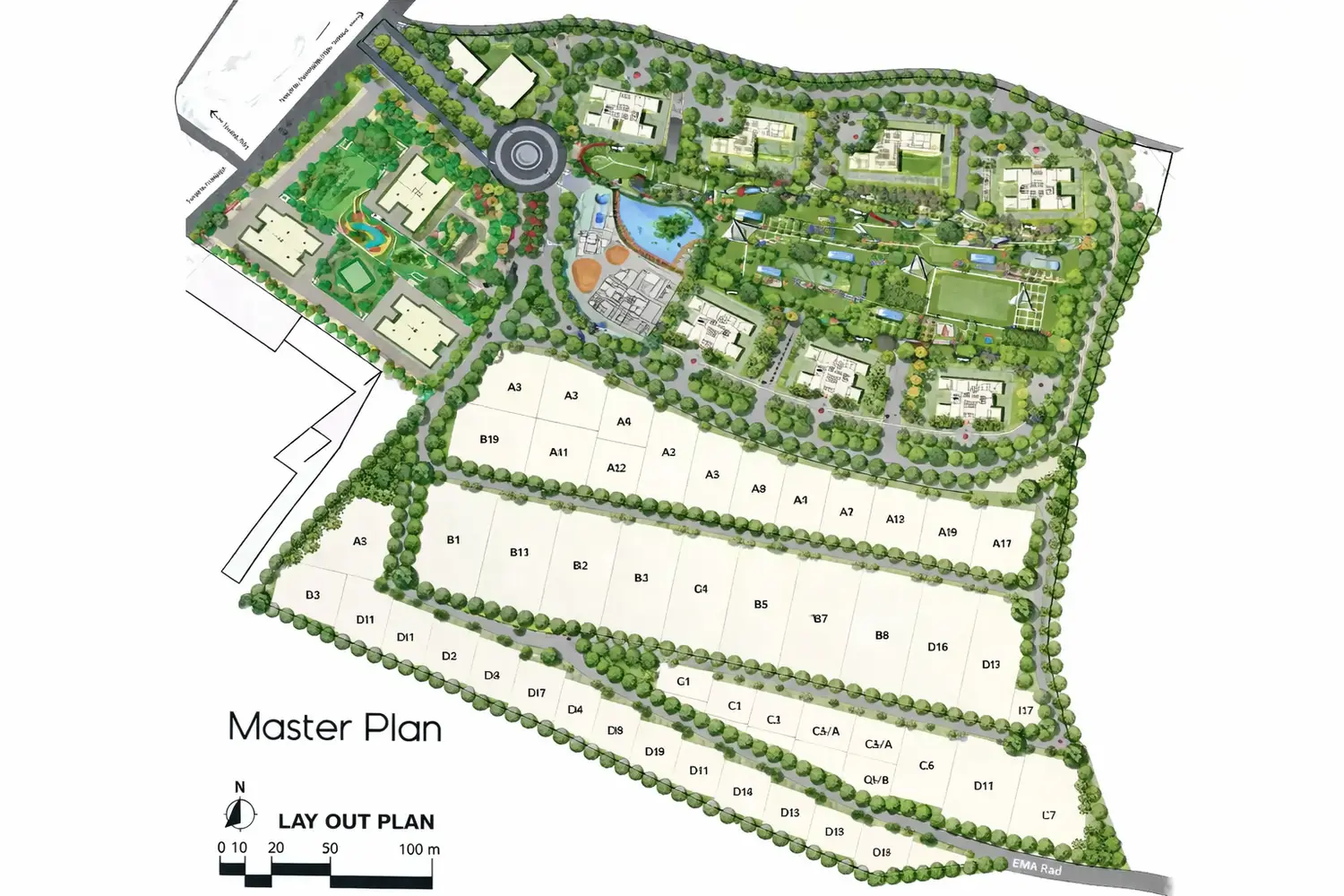 Detailed master plan layout of Urbana in Kolkata, illustrating residential towers, landscaped green zones, internal roads, water features, recreational areas, clearly demarcated plots, presenting an organized and expansive urban development design.